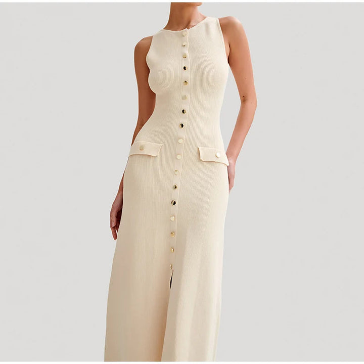 Elegant Knitted Midi Dress with Button Decoration and Small Slit - Pierre