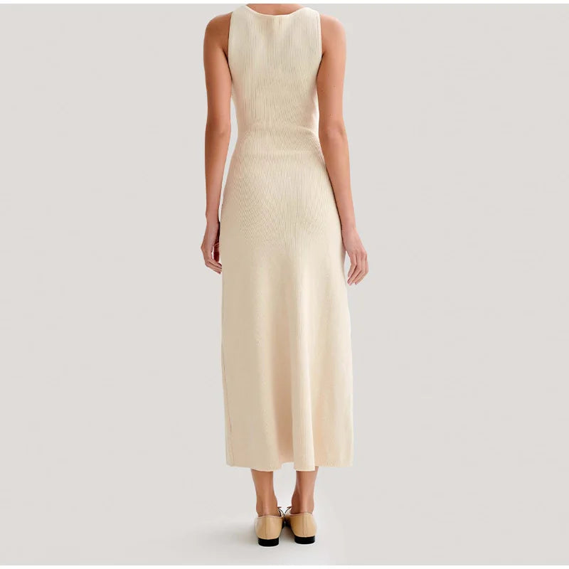 Elegant Knitted Midi Dress with Button Decoration and Small Slit - Pierre