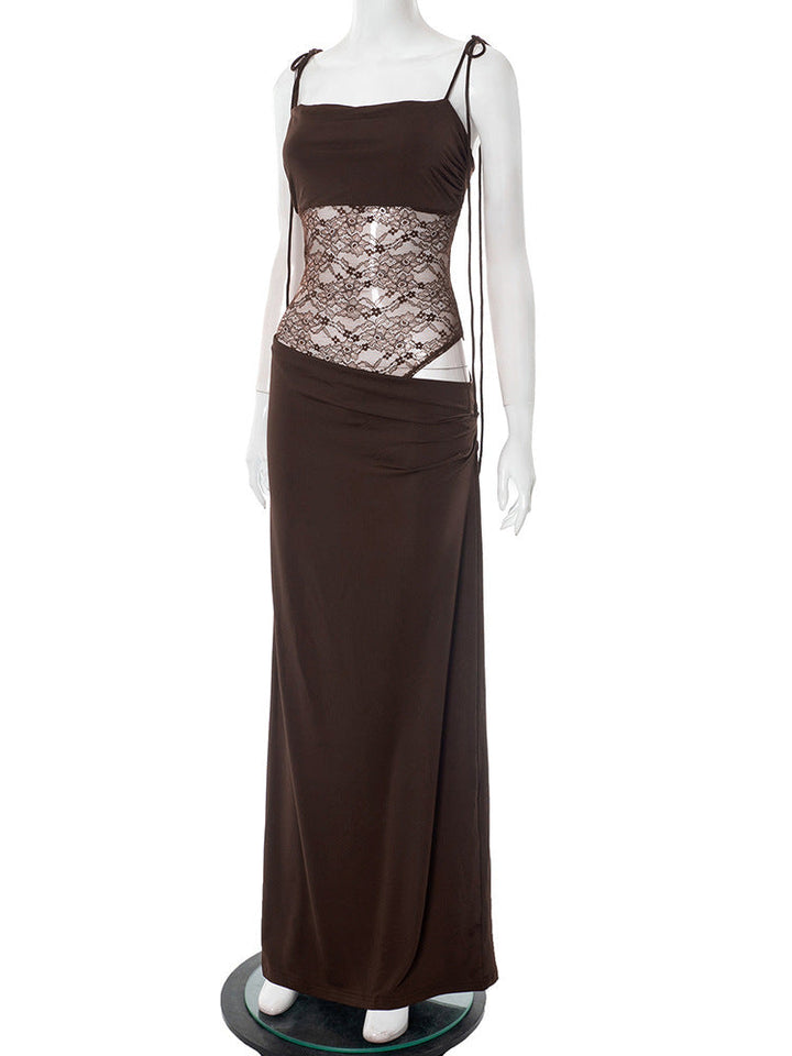 Elegant Maxi Dress with Lace and Tie Straps - Indigo