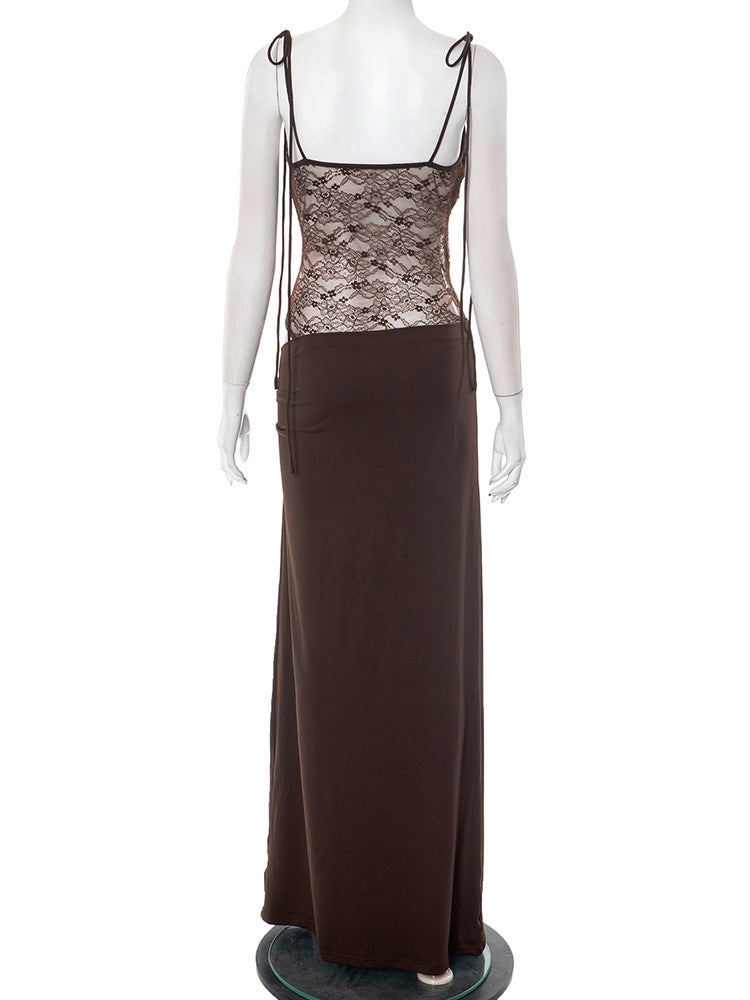 Elegant Maxi Dress with Lace and Tie Straps - Indigo