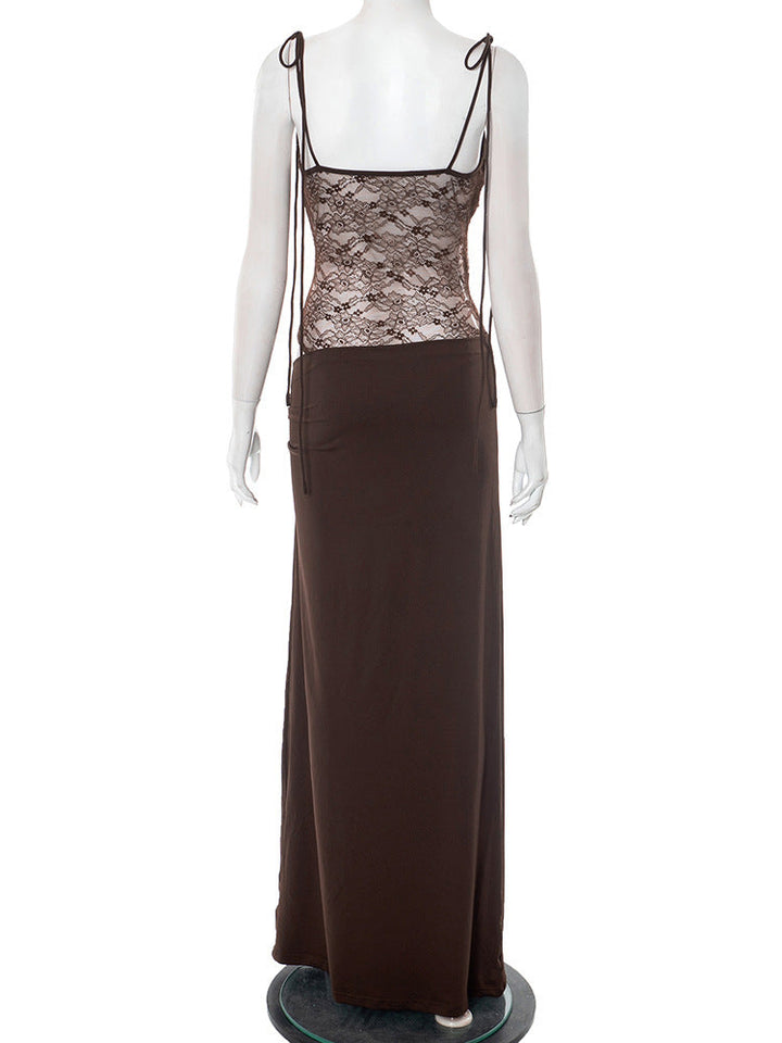 Elegant Maxi Dress with Lace and Tie Straps - Indigo