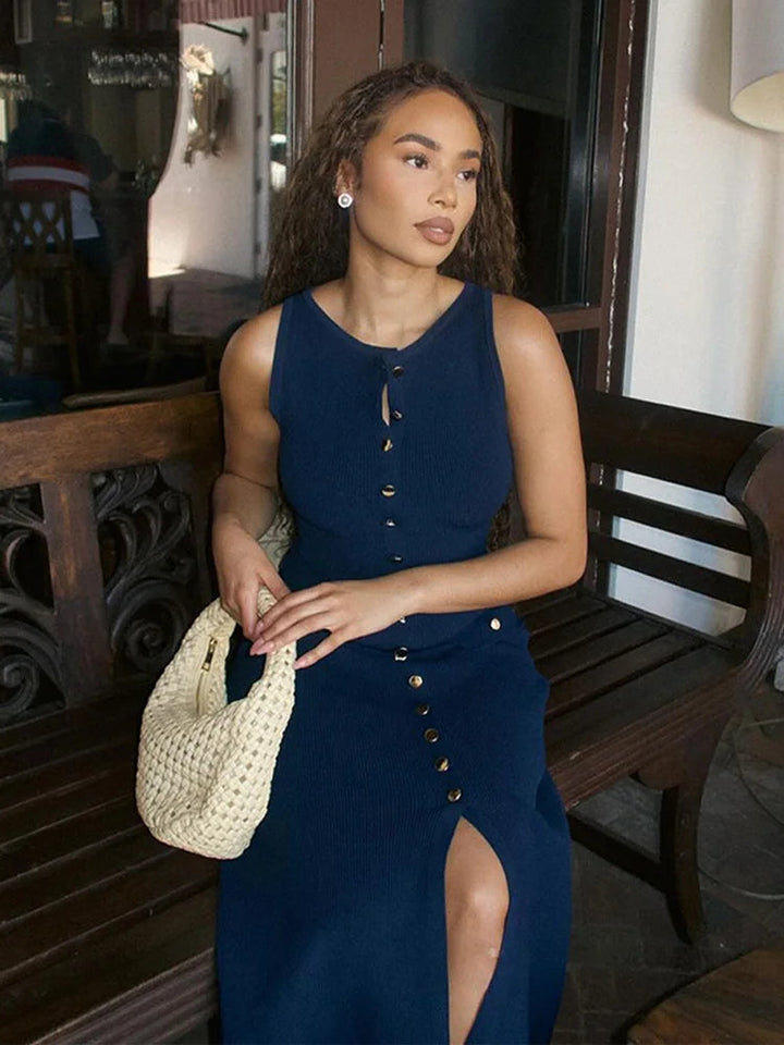 Elegant Knitted Midi Dress with Button Decoration and Small Slit - Pierre