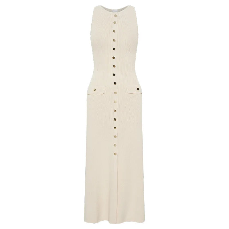Elegant Knitted Midi Dress with Button Decoration and Small Slit - Pierre