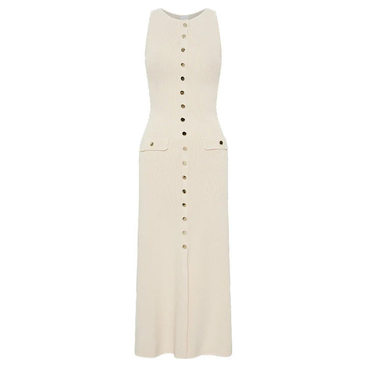 Elegant Knitted Midi Dress with Button Decoration and Small Slit - Pierre