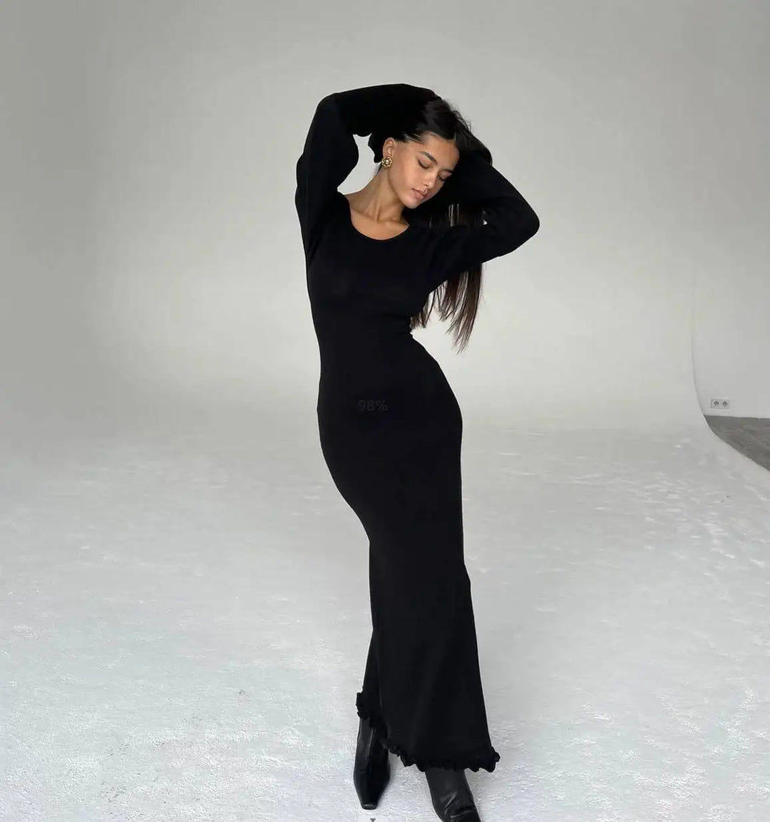 Knitted Maxi Dress with Bell Sleeves and Ruffle Decoration - Agatha
