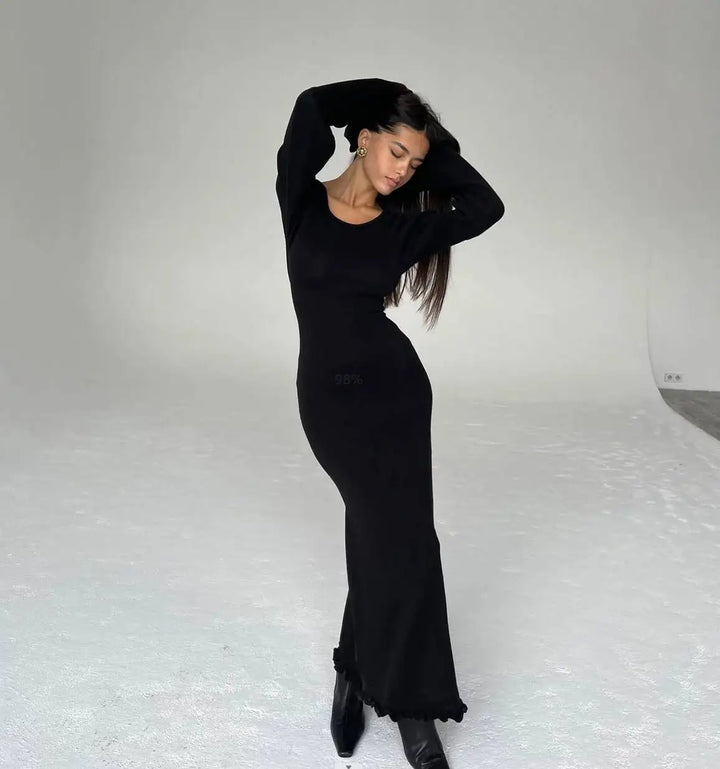 Knitted Maxi Dress with Bell Sleeves and Ruffle Decoration - Agatha