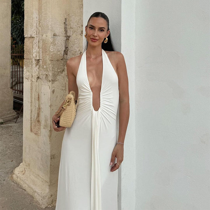 Maxi dress with deep neckline and open back - Alma