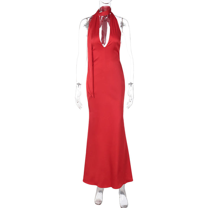 Satin Dress with Deep Neckline and Neck Tie - Paulina