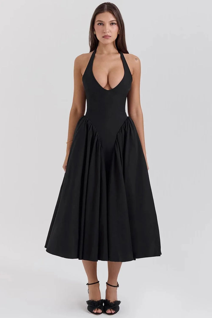 Midi A-line Dress with Neck Tie and Open Back - Makenna