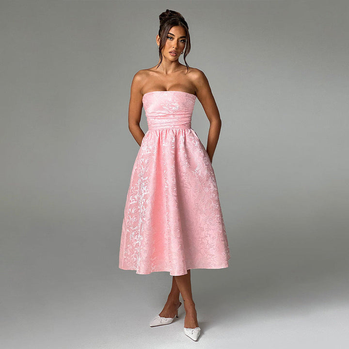 Midi Strapless A-Line Dress with Open Back and Floral Embroidery Detail - Flora