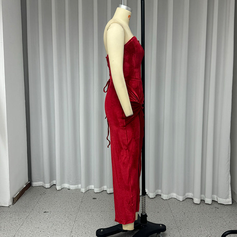Velvet Strapless Maxi Dress with Corset Design, Back Tie, Waist Cinch, and Slit Detail - London