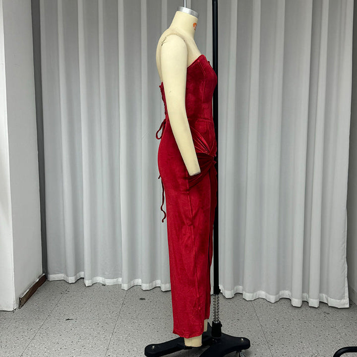 Velvet Strapless Maxi Dress with Corset Design, Back Tie, Waist Cinch, and Slit Detail - London