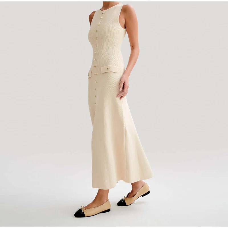Elegant Knitted Midi Dress with Button Decoration and Small Slit - Pierre