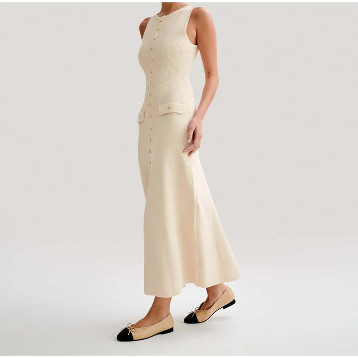 Elegant Knitted Midi Dress with Button Decoration and Small Slit - Pierre