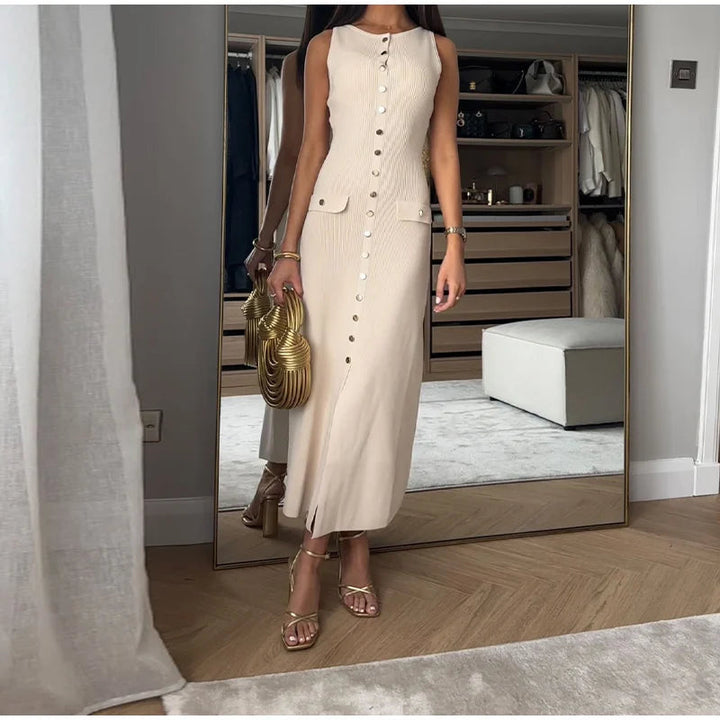 Elegant Knitted Midi Dress with Button Decoration and Small Slit - Pierre