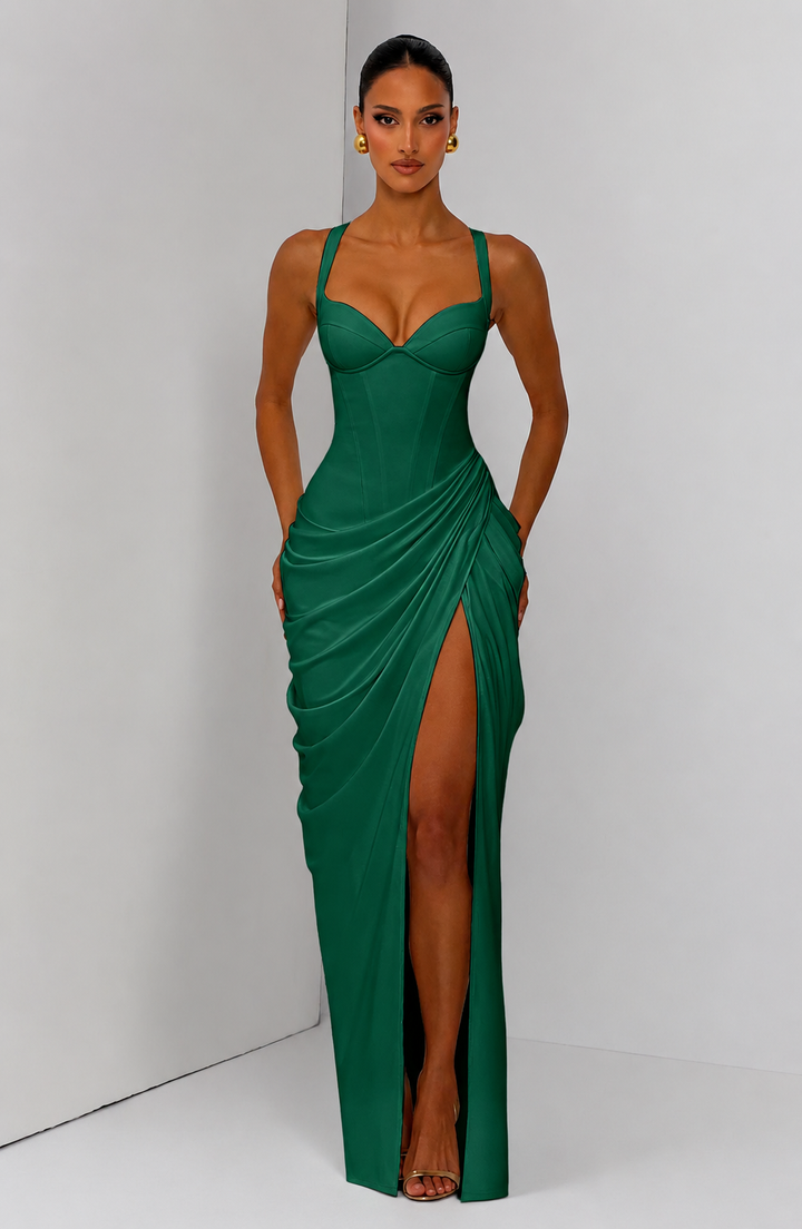 Layla maxi dress with a slit, pleats, corset design, back tie, and waist-cinching fit