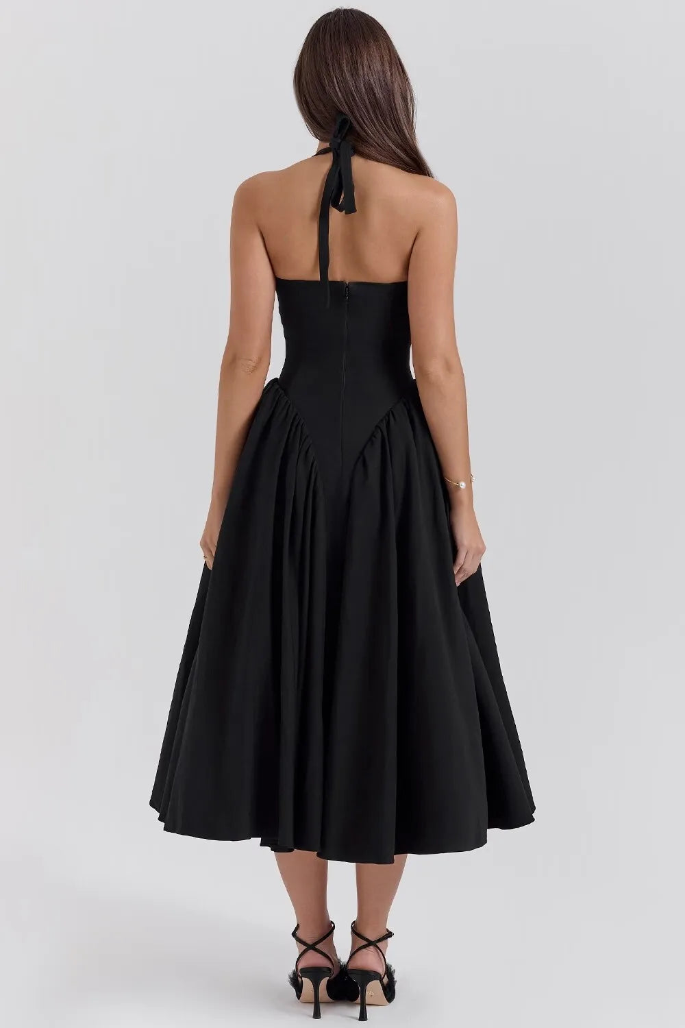 Midi A-line Dress with Neck Tie and Open Back - Makenna