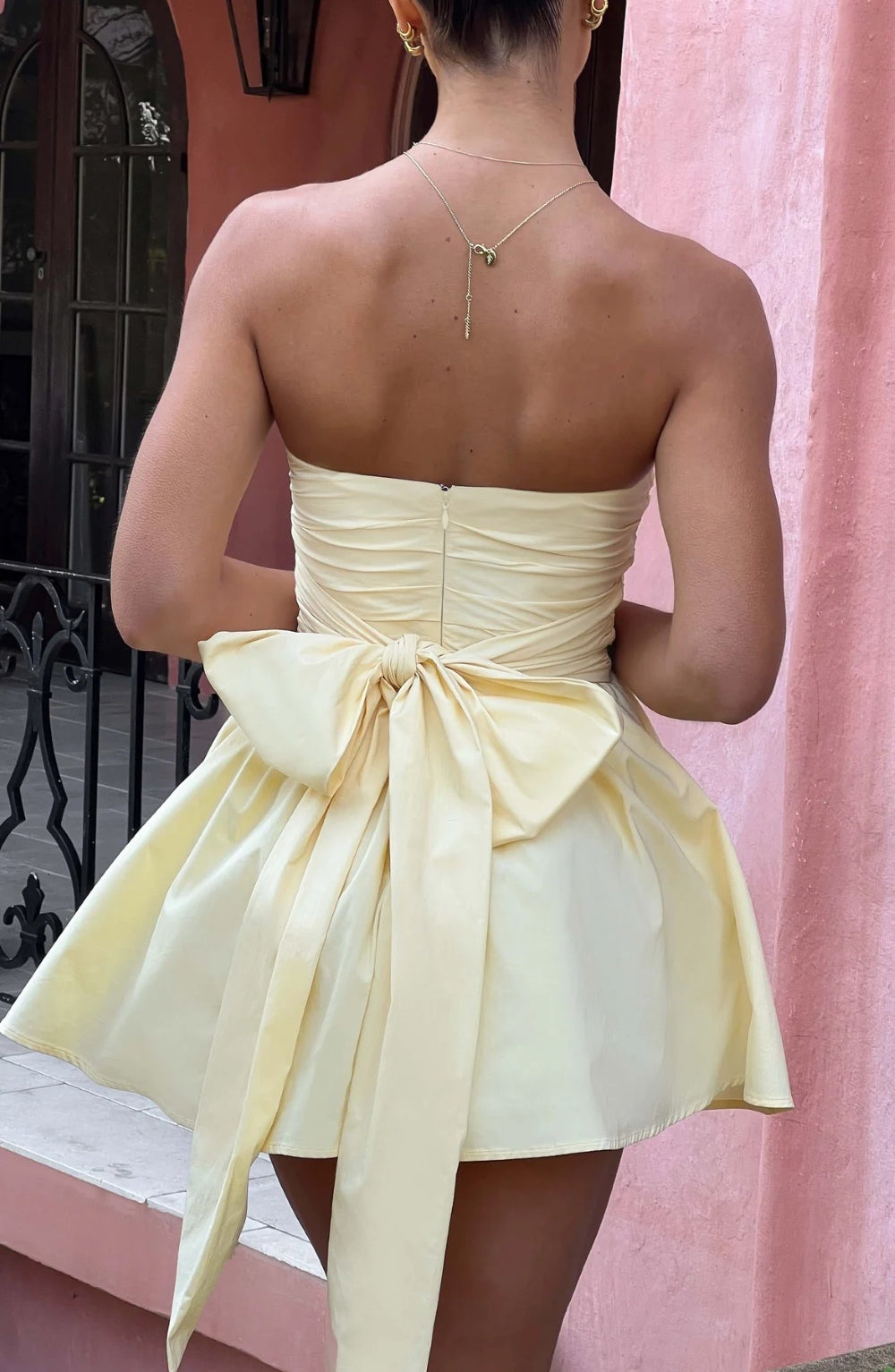 A-Line Strapless Mini Dress with Bow Tie Back - Arbel