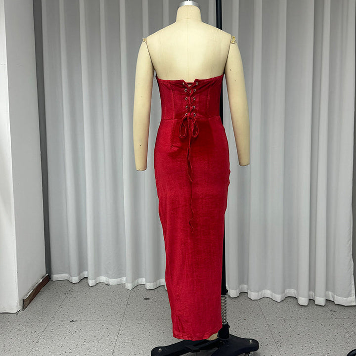 Velvet Strapless Maxi Dress with Corset Design, Back Tie, Waist Cinch, and Slit Detail - London