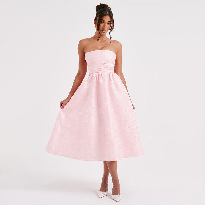 Midi Strapless A-Line Dress with Open Back and Floral Embroidery Detail - Flora