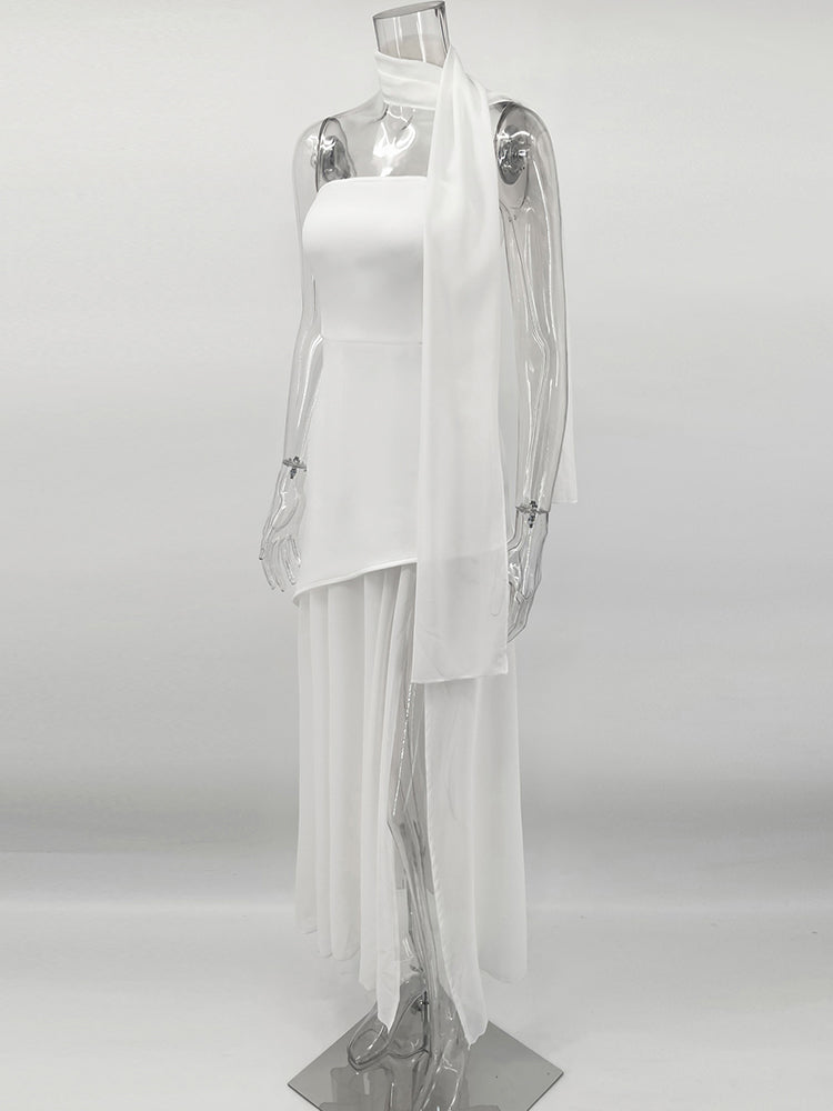 Strapless Maxi Dress with Chiffon Bottom, Slit Design, and Matching Scarf Detail - Princess