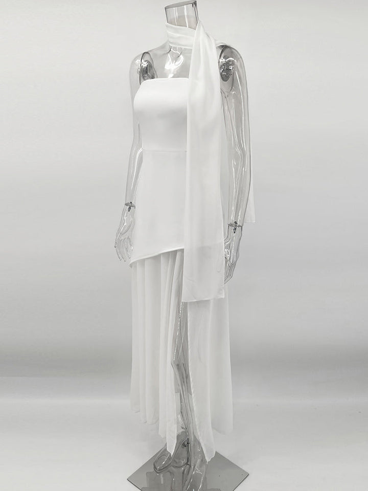 Strapless Maxi Dress with Chiffon Bottom, Slit Design, and Matching Scarf Detail - Princess