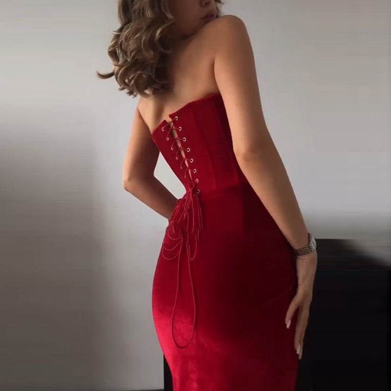 Velvet Strapless Maxi Dress with Corset Design, Back Tie, Waist Cinch, and Slit Detail - London