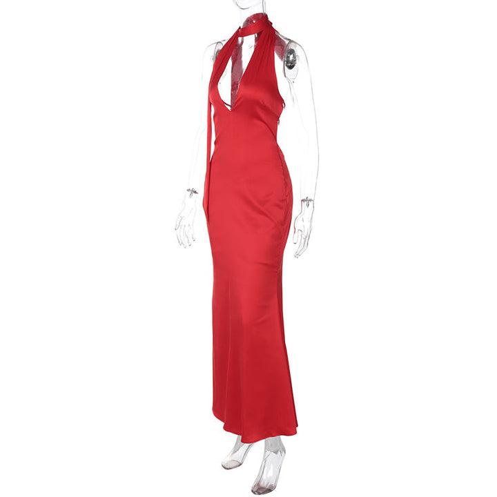 Satin Dress with Deep Neckline and Neck Tie - Paulina