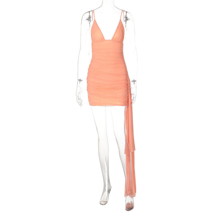 Fitted Mini Dress with Pleats and Chiffon Train Detail - Melania