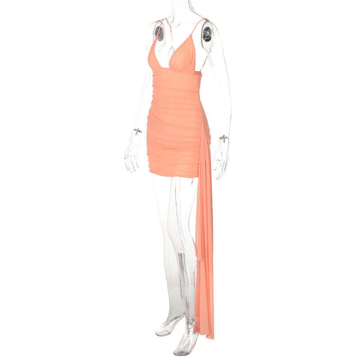 Fitted Mini Dress with Pleats and Chiffon Train Detail - Melania