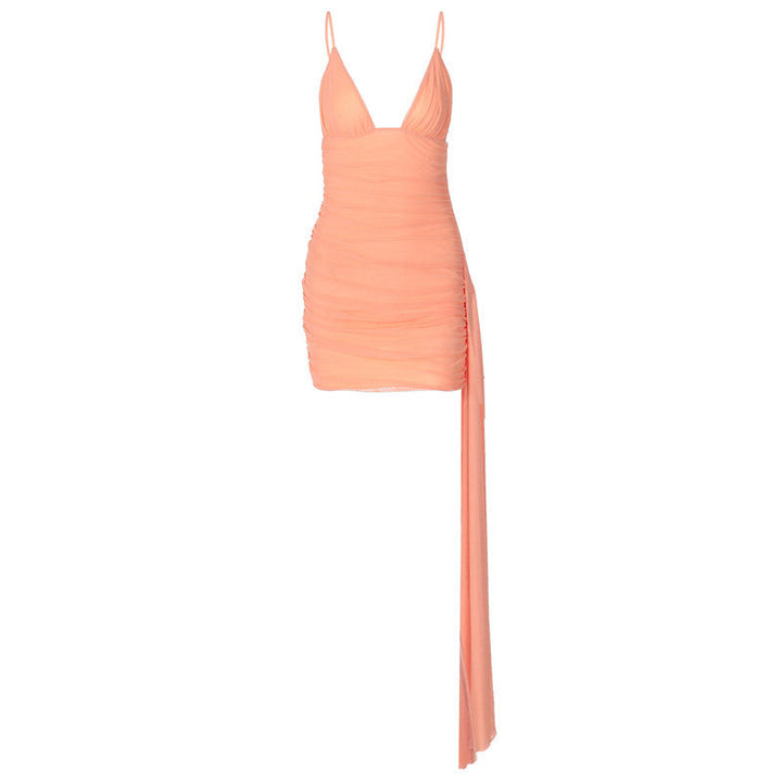 Fitted Mini Dress with Pleats and Chiffon Train Detail - Melania