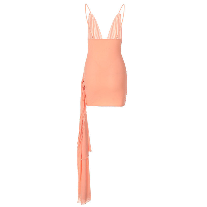 Fitted Mini Dress with Pleats and Chiffon Train Detail - Melania