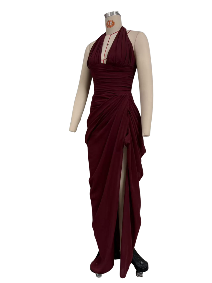Elegant pleated maxi dress with a slit design and a back tie for a cinched waist – SIA