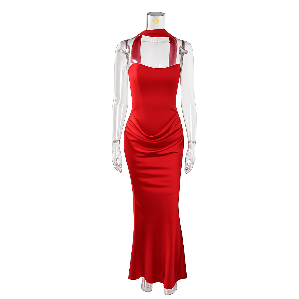 Maxi strapless dress with satin pleats and a lace-up corset back for waist fitting, decorated with a scarf - GENNA