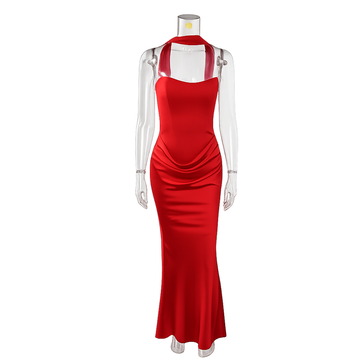 Maxi strapless dress with satin pleats and a lace-up corset back for waist fitting, decorated with a scarf - GENNA