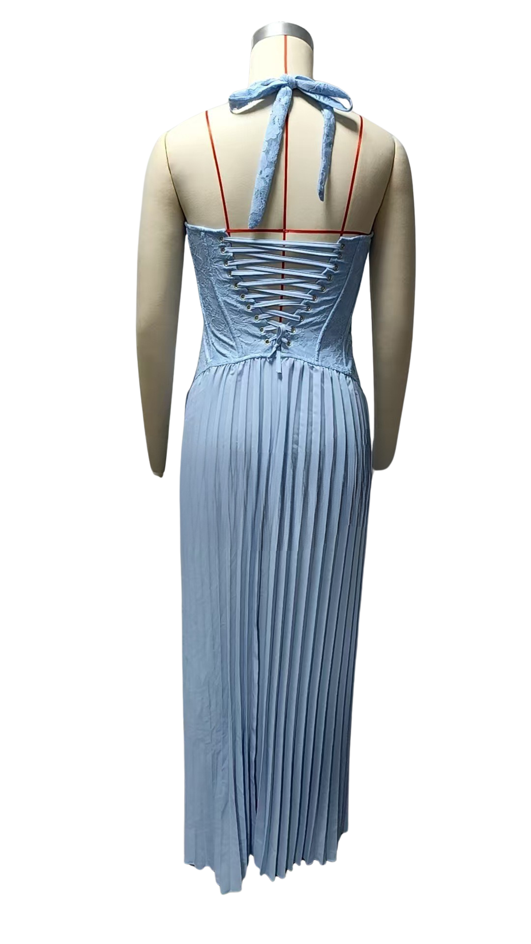 Pleated maxi dress with a lace design, back tie, and waist fastening - MELIA