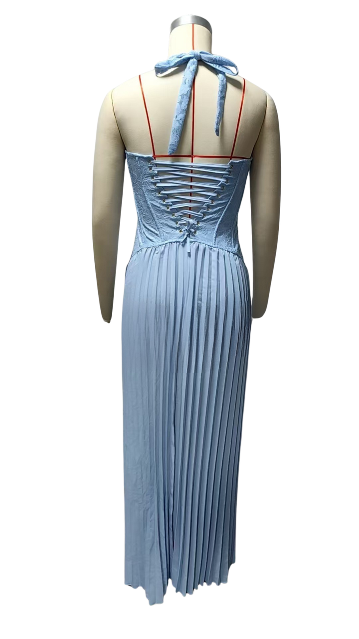 Pleated maxi dress with a lace design, back tie, and waist fastening - MELIA
