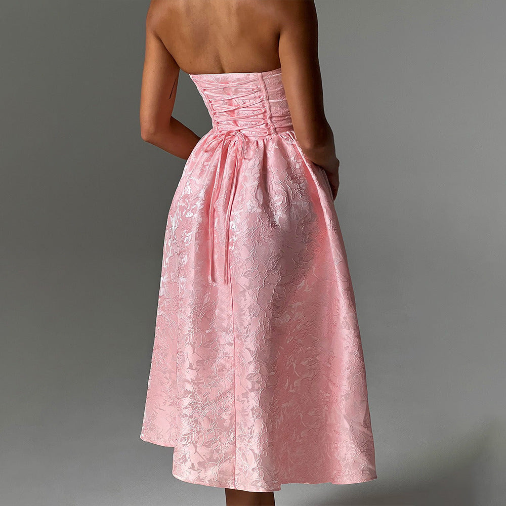 Midi Strapless A-Line Dress with Open Back and Floral Embroidery Detail - Flora
