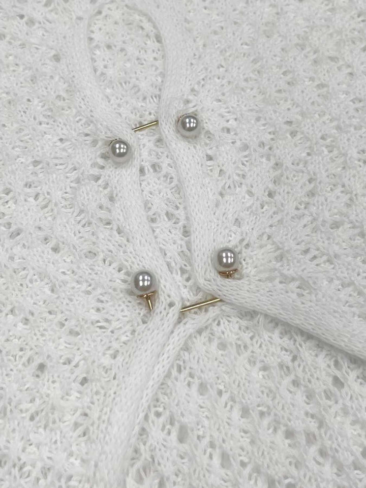 Knitted Maxi Beach Dress with Open Back and Pearl Pin Decoration - Lina