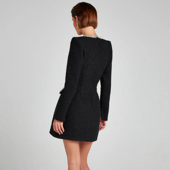 Elegant Mini Dress with Short/Long Sleeves, Tailored Style, Woven Fabric with Sequin and Pearl Embellishment - Lucia