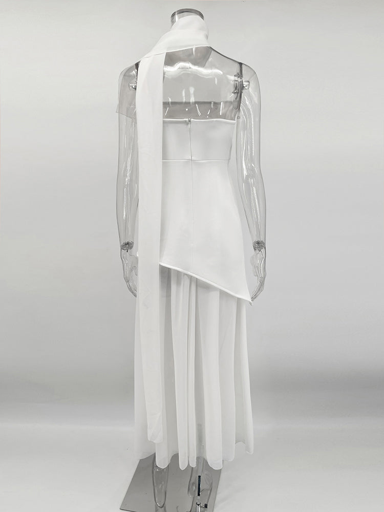Strapless Maxi Dress with Chiffon Bottom, Slit Design, and Matching Scarf Detail - Princess