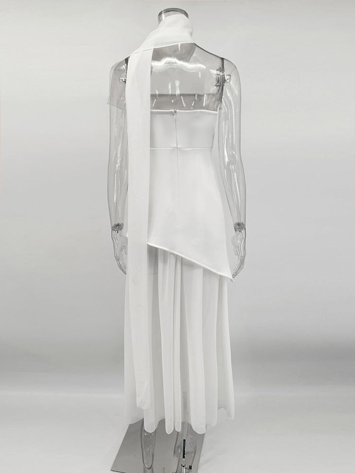 Strapless Maxi Dress with Chiffon Bottom, Slit Design, and Matching Scarf Detail - Princess