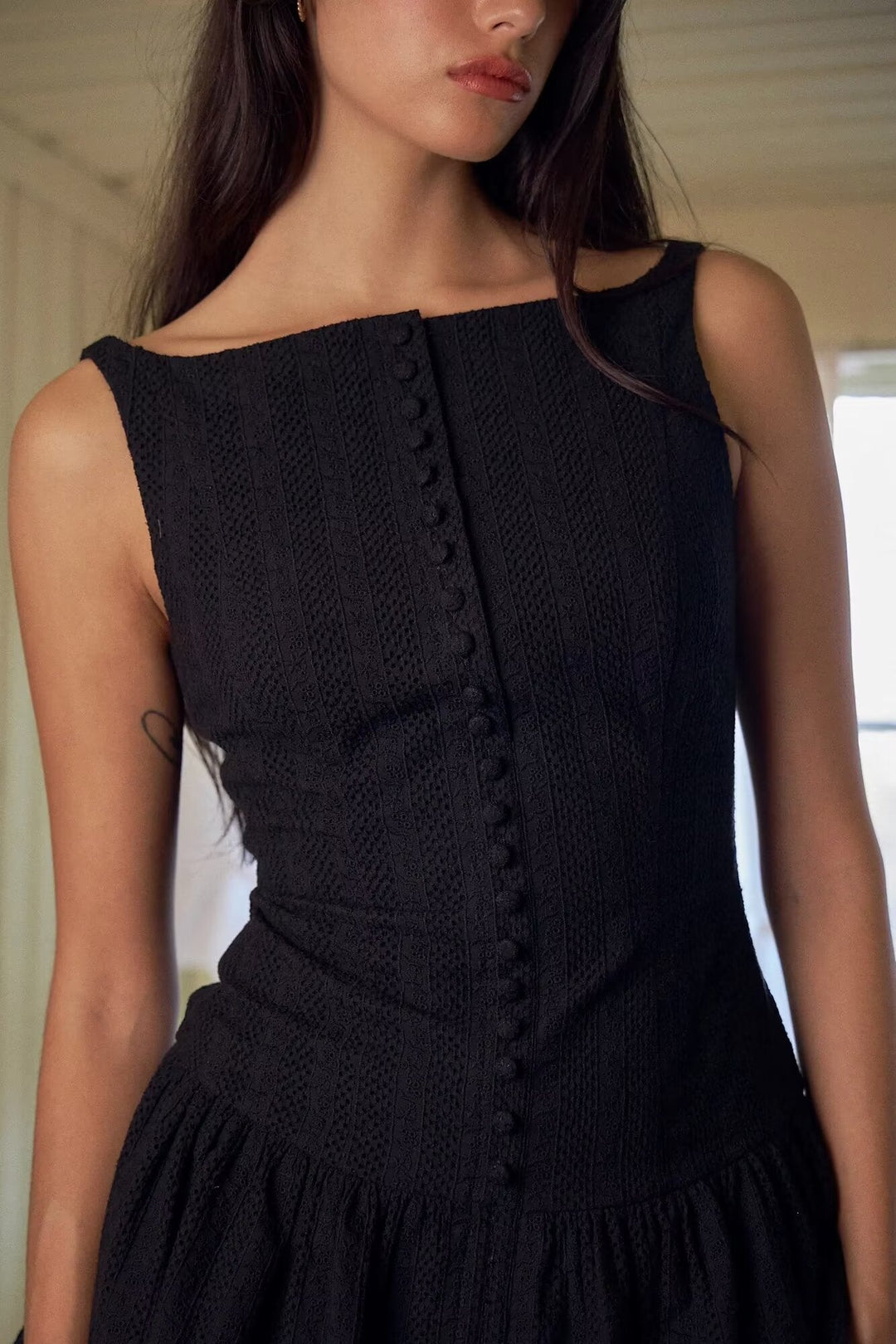 Mini Dress with Embroidery and Button Detail - Shaked