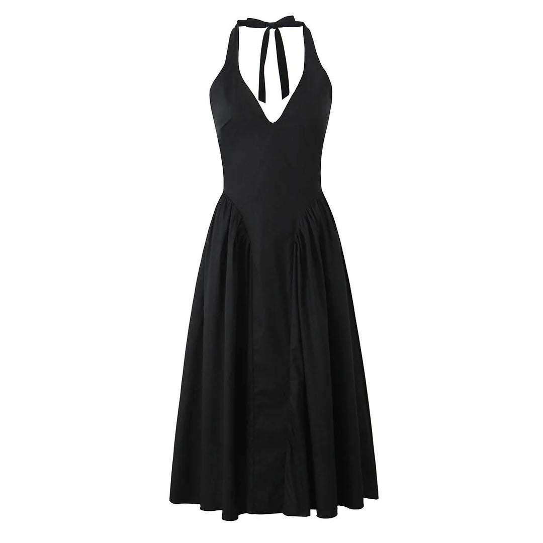 Midi A-line Dress with Neck Tie and Open Back - Makenna