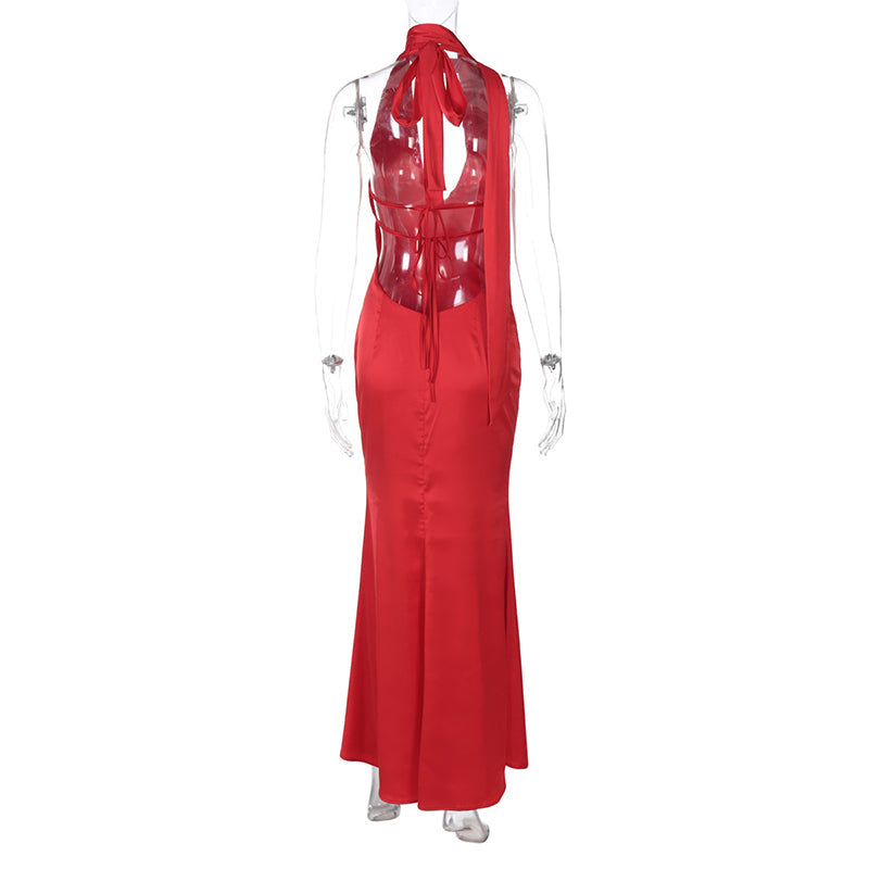 Satin Dress with Deep Neckline and Neck Tie - Paulina