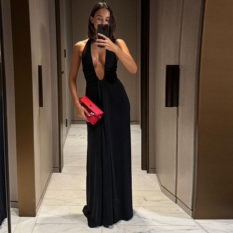 Maxi dress with deep neckline and open back - Alma