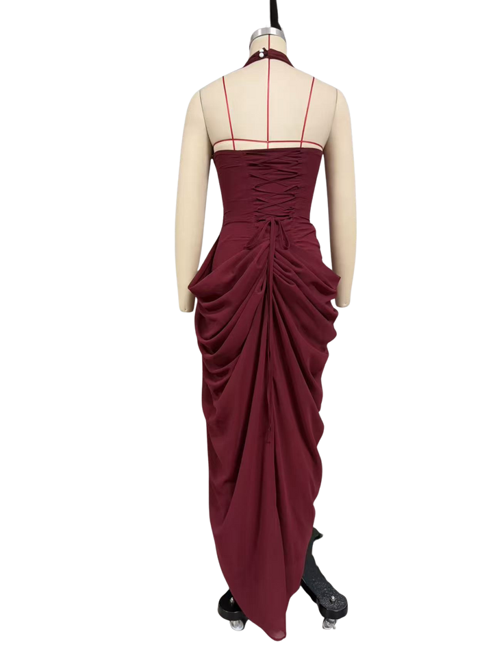 Elegant pleated maxi dress with a slit design and a back tie for a cinched waist – SIA