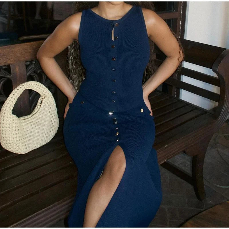 Elegant Knitted Midi Dress with Button Decoration and Small Slit - Pierre