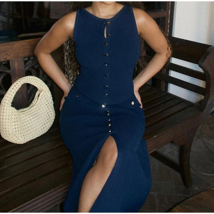 Elegant Knitted Midi Dress with Button Decoration and Small Slit - Pierre