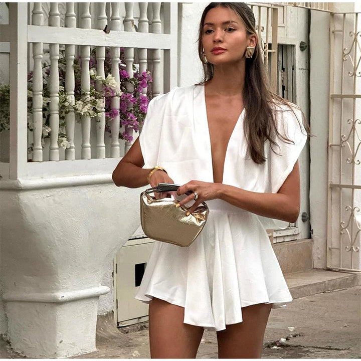 Short Satin Jumpsuit with Deep V-Neck Mini Dress Design - Esti